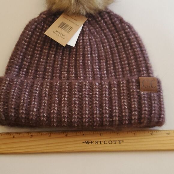 NWT C.C BEANIE POM POM WINTER HAT BURGUNDY BROWN HEATHERED FAUX FUR - Picture 6 of 9